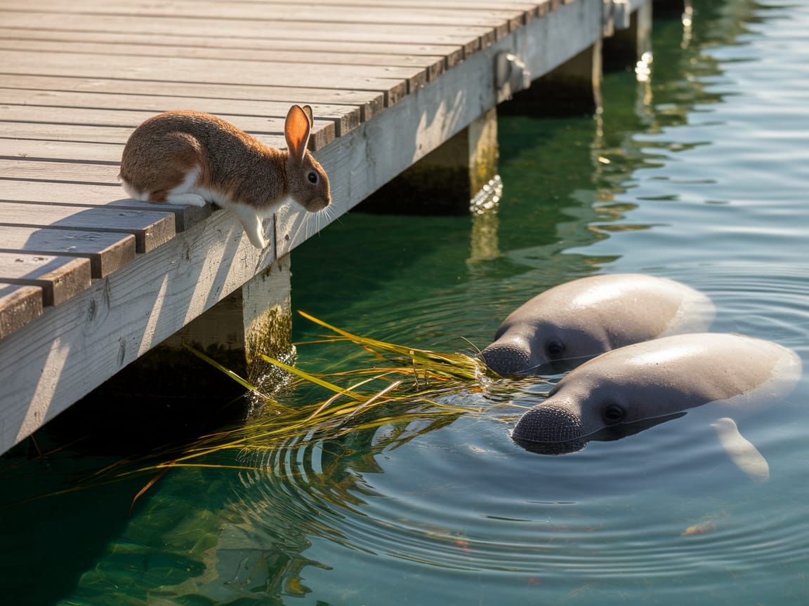Rabbit Observes Manatees in Serene Florida Coast Scene