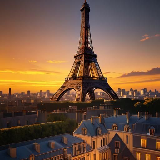 Eiffel Tower at Sunset: Hyperrealistic Splash Art