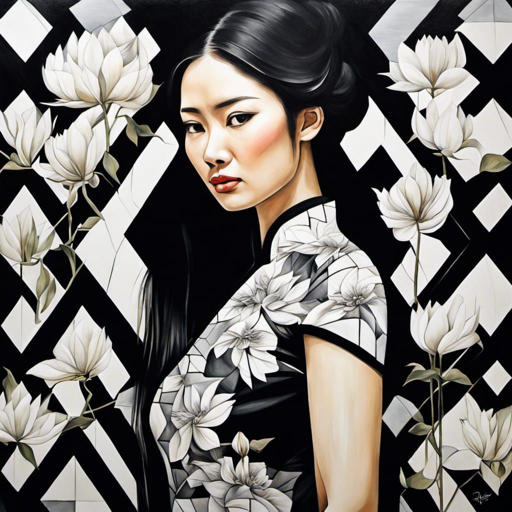 Sad Woman in Ao Dai: Hyperrealistic Art Deco Painting
