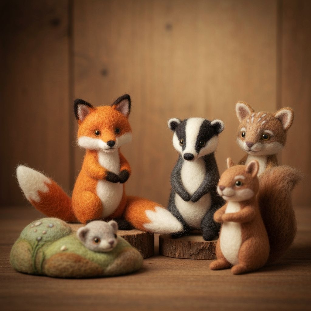 Whimsical Felted Animal Companions in Storybook Setting