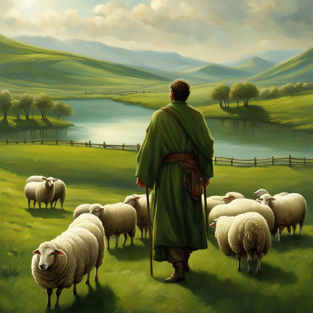Peaceful Shepherd Leads Sheep to Still Waters