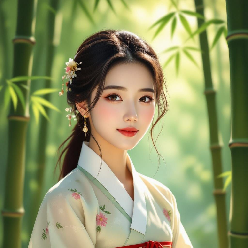 Korean Woman in Bamboo Forest, Ink Wash Style