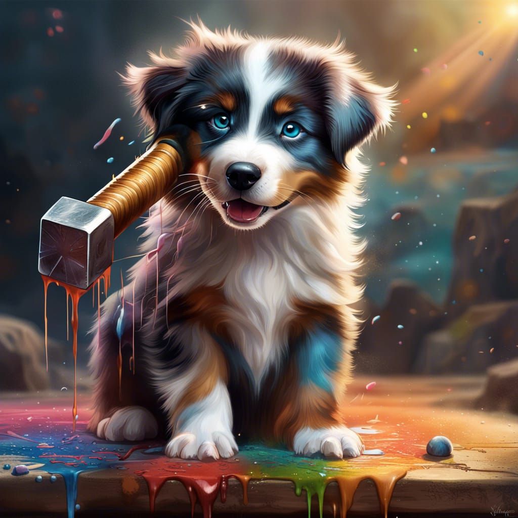 Australian Shepherd Puppy with Thor's Hammer, Splash Art