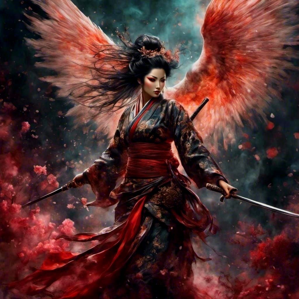Samurai Geisha Angel in Dark Fantasy Style