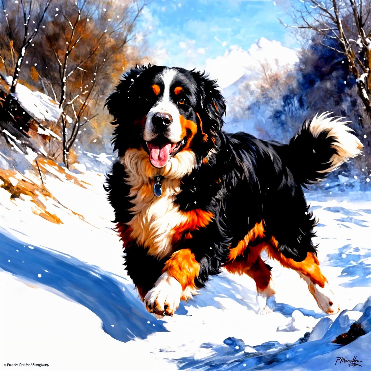 Beautiful Bernese mountain dog playing in the snow by pino daeni