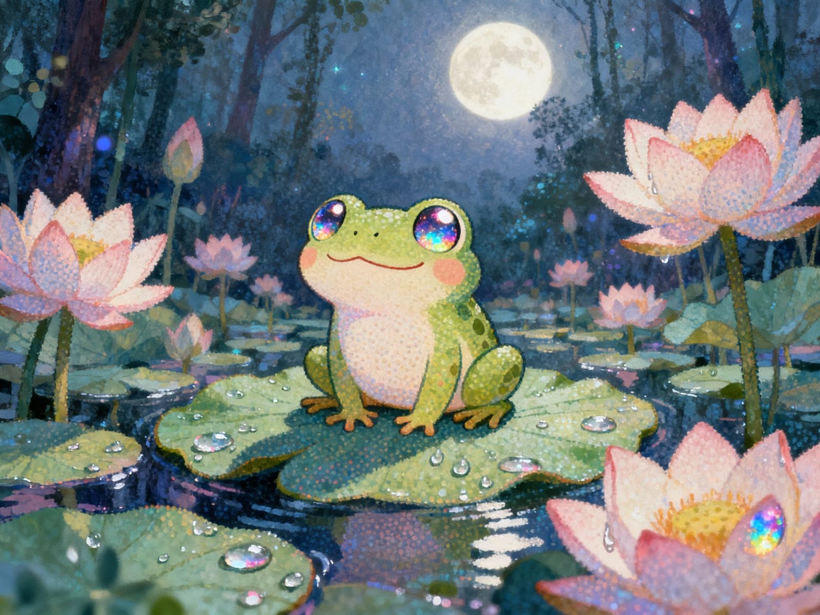 Adorable Chibi Frog on Lilypad Under Moonlight