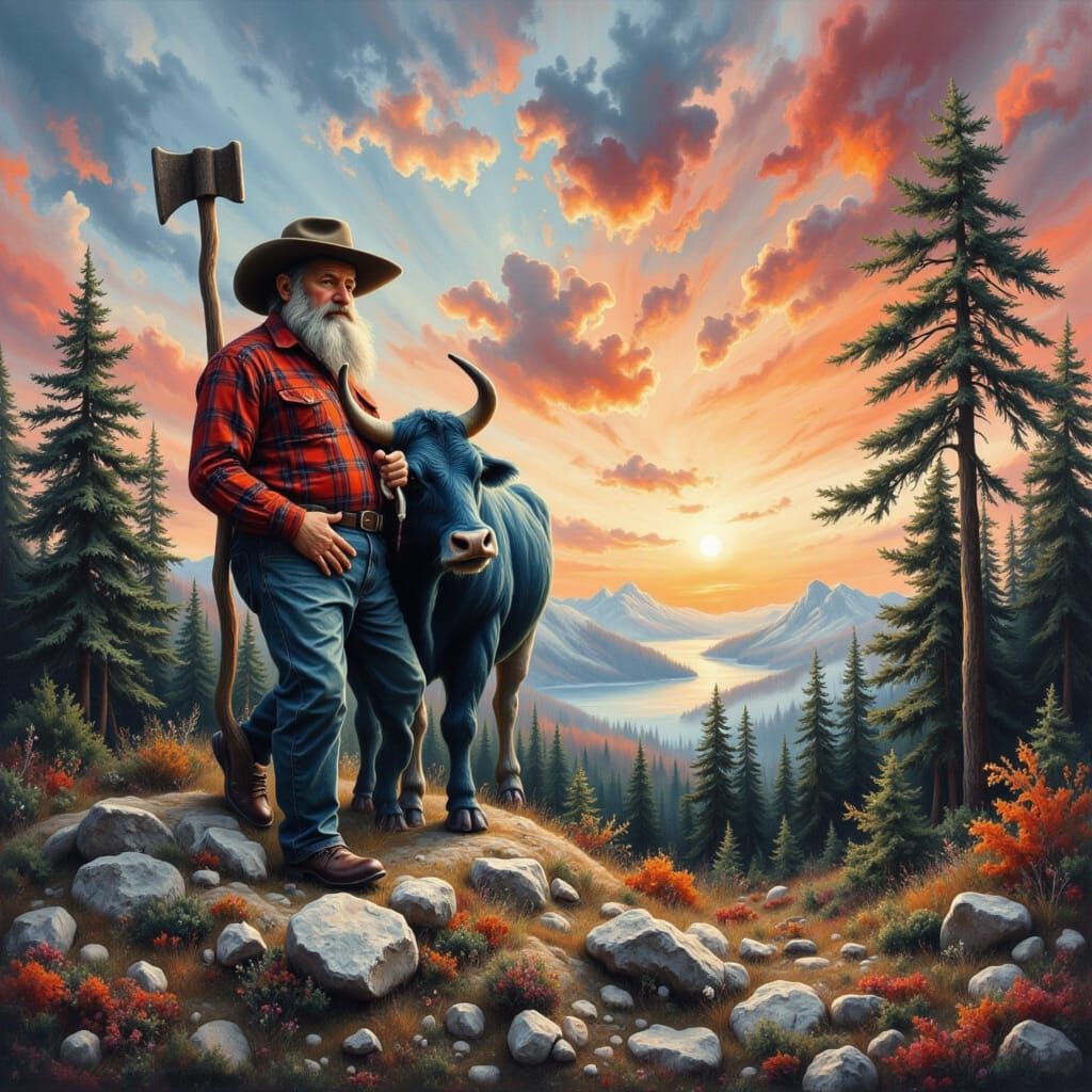 Paul Bunyan and Babe in Fluid Art Landscape