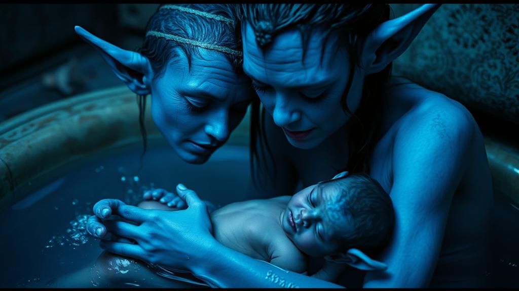 Elfin Mother Soothing Baby: Cinematic Film Still