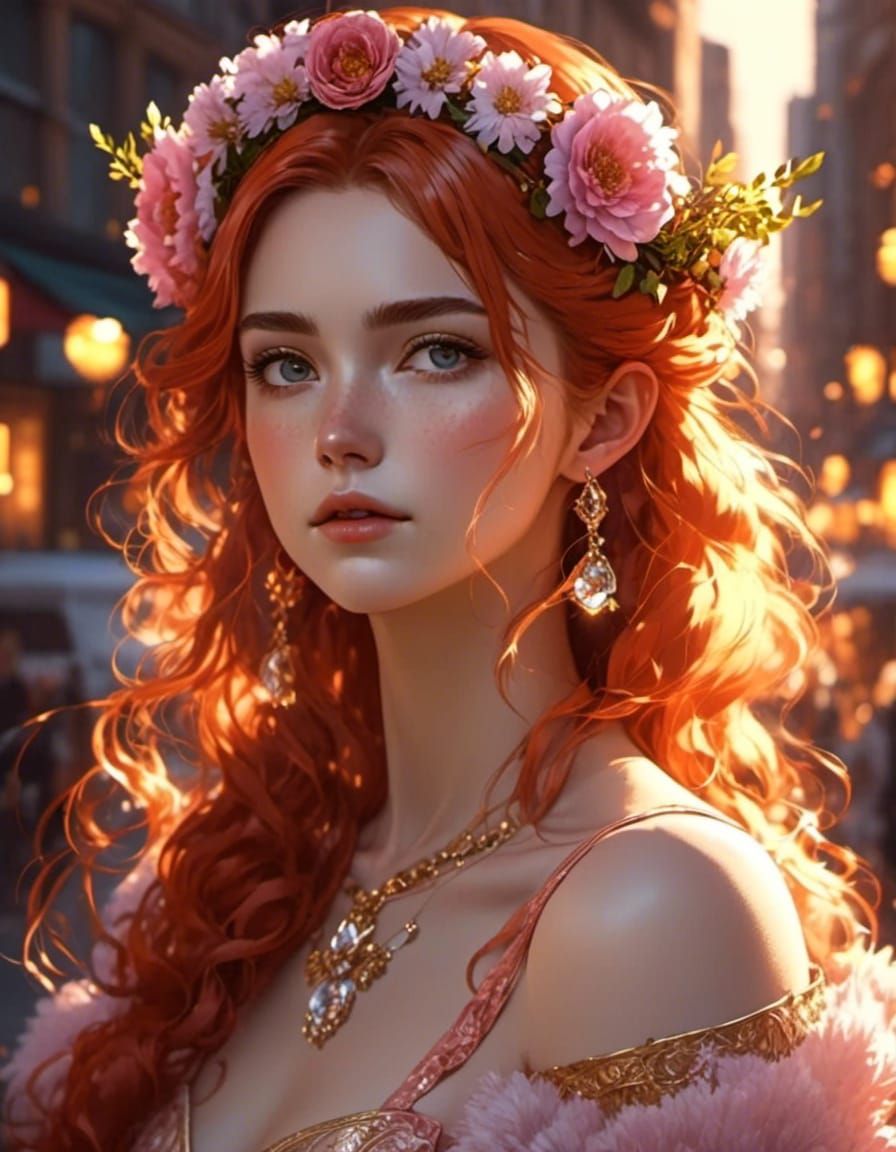 Freckled Goddess with Flowercrown at Sunrise