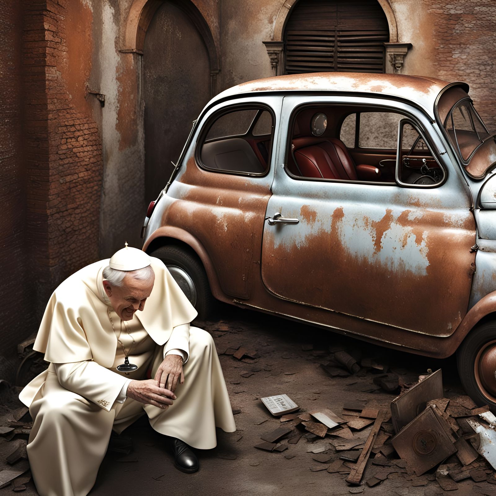 Pope Laughing in Rusted Fiat 500