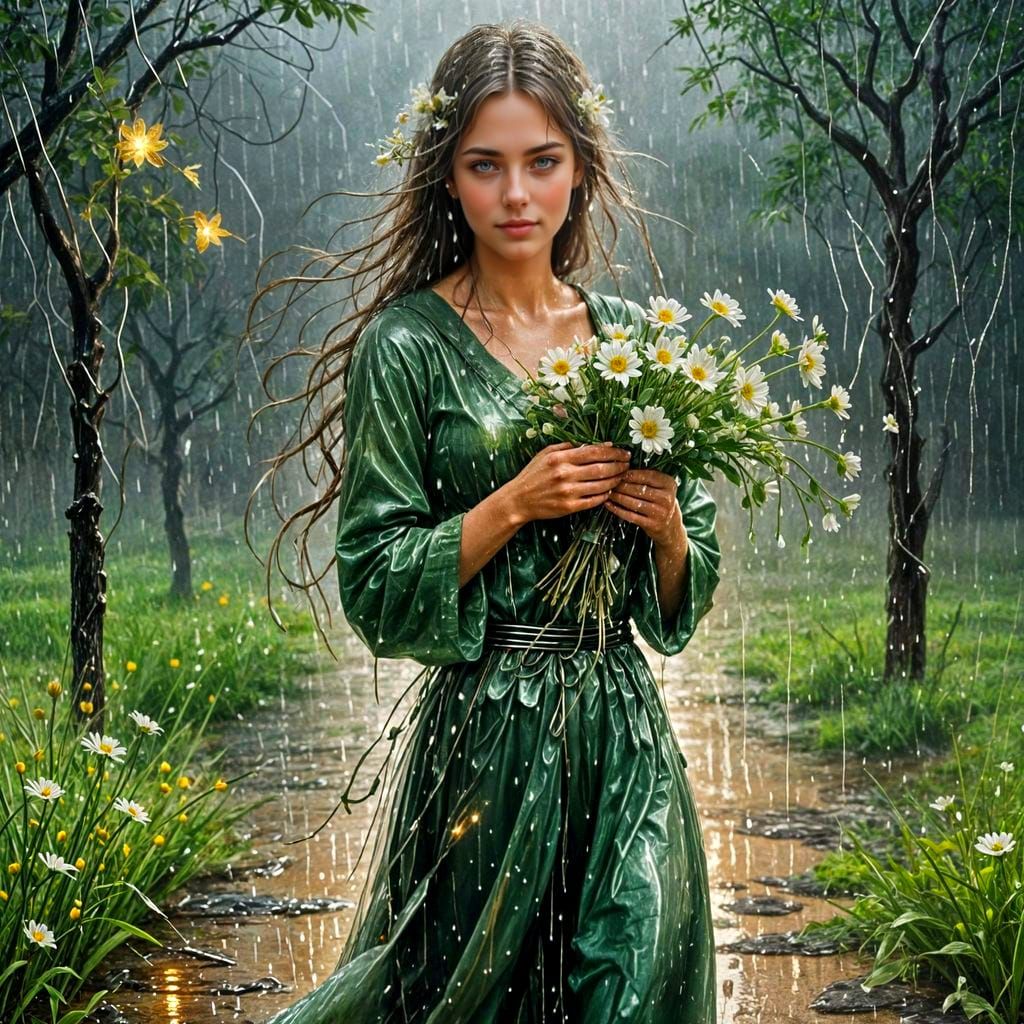 Rainy Meadow Woman with Glimmering Flowers