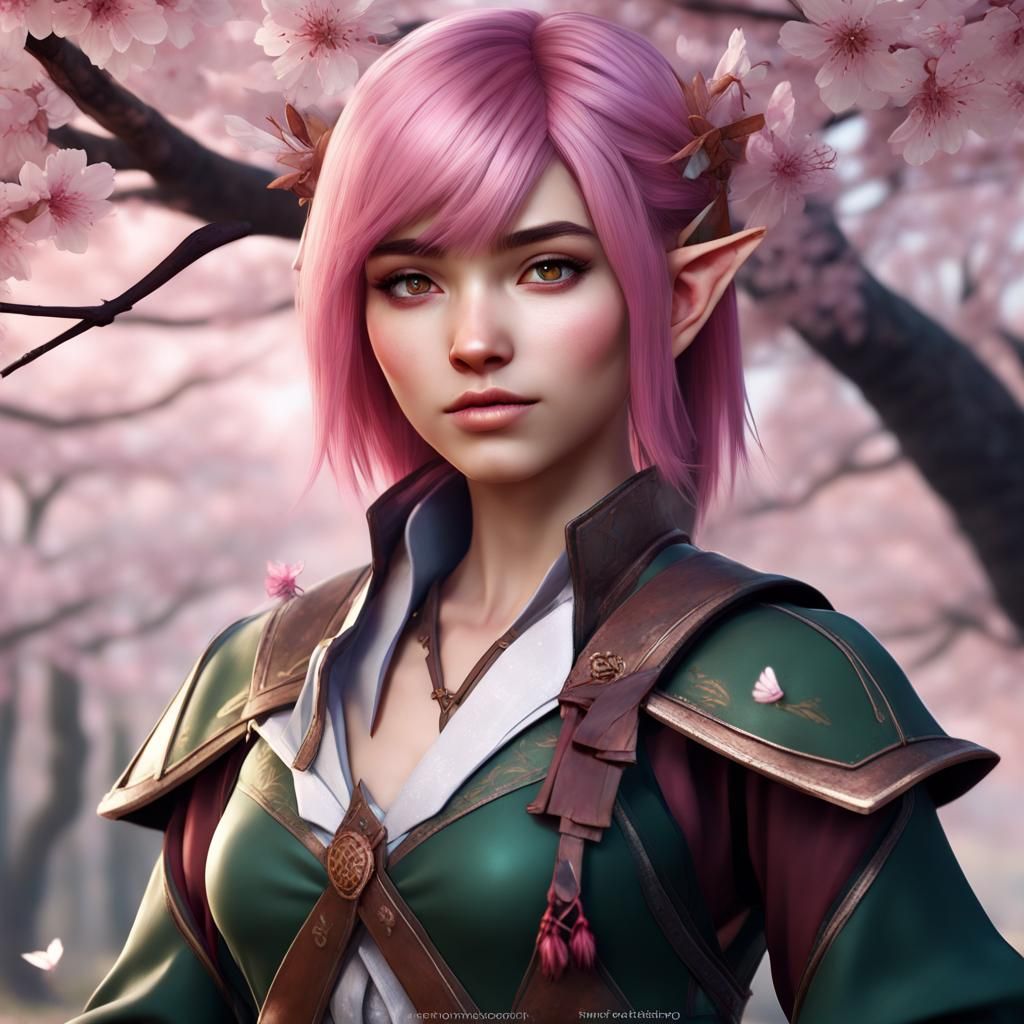 Half-Elf Ranger with Cherry Blossom Hair, Fantasy Art