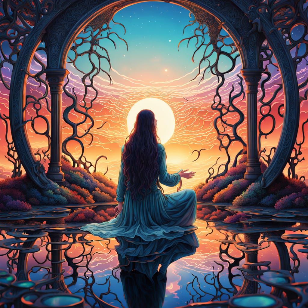 Surrealistic Digital Art of a Woman with Long Hair by a Suns...