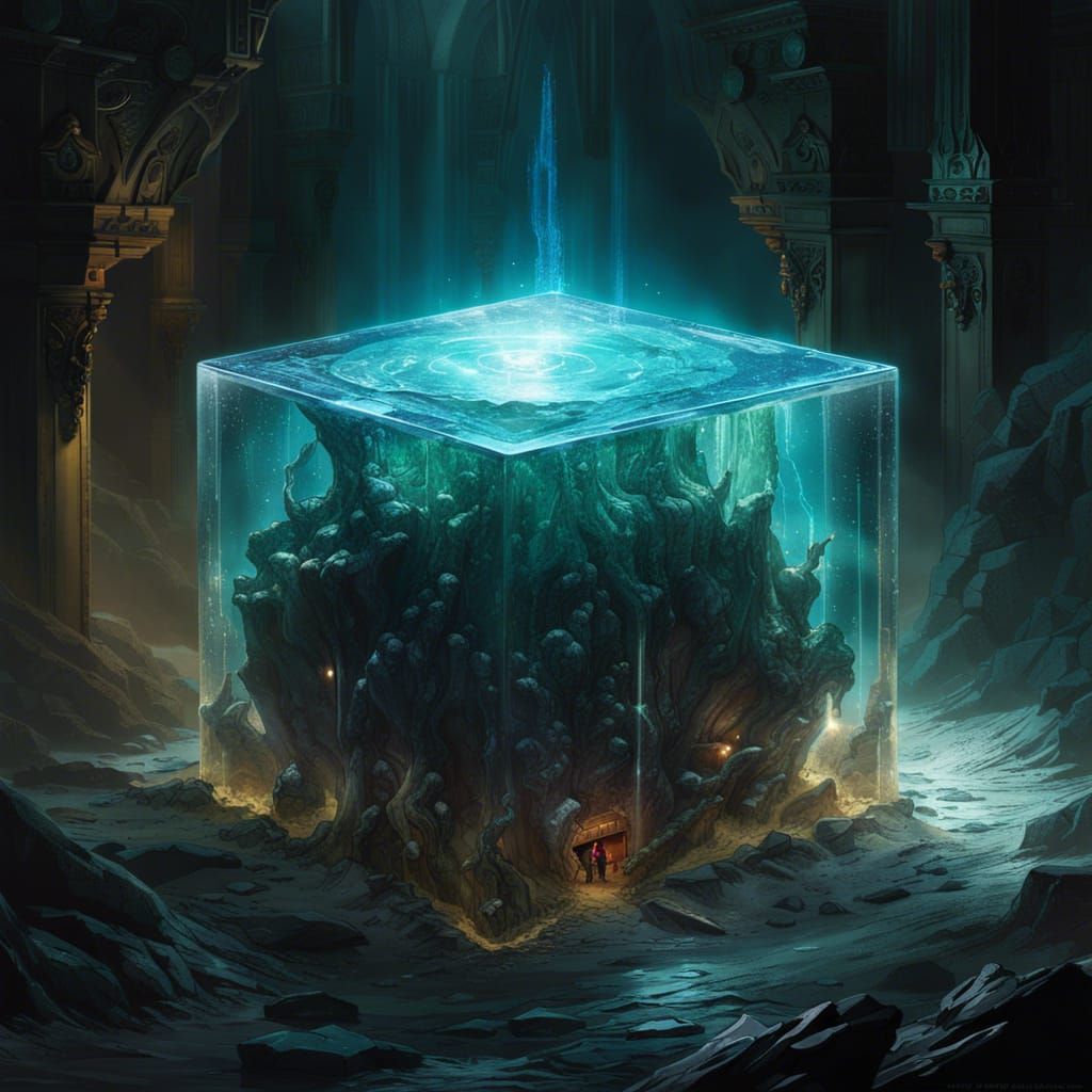 Gelatinous Portal Cube Consumes Adventurer in Dungeon