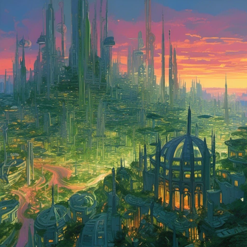 Utopian City on a Hill in Golden Light