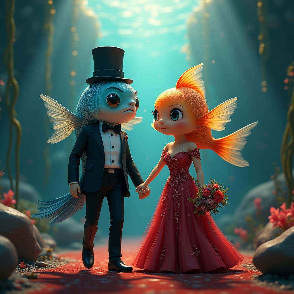 Fish Couple at Underwater Opera, 3D Anime Art