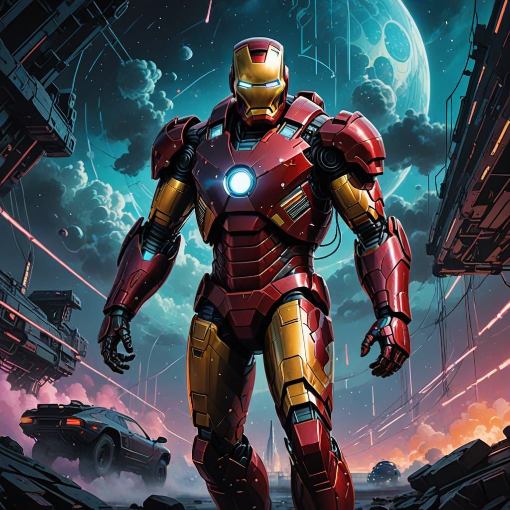 Iron Man Under Starry Night Sky in Neon Futuristic Armor