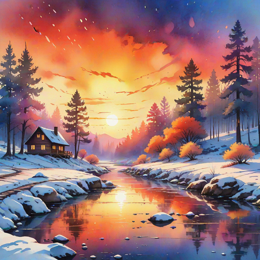 Rustic Sunset Home in Whimsical Watercolor Style