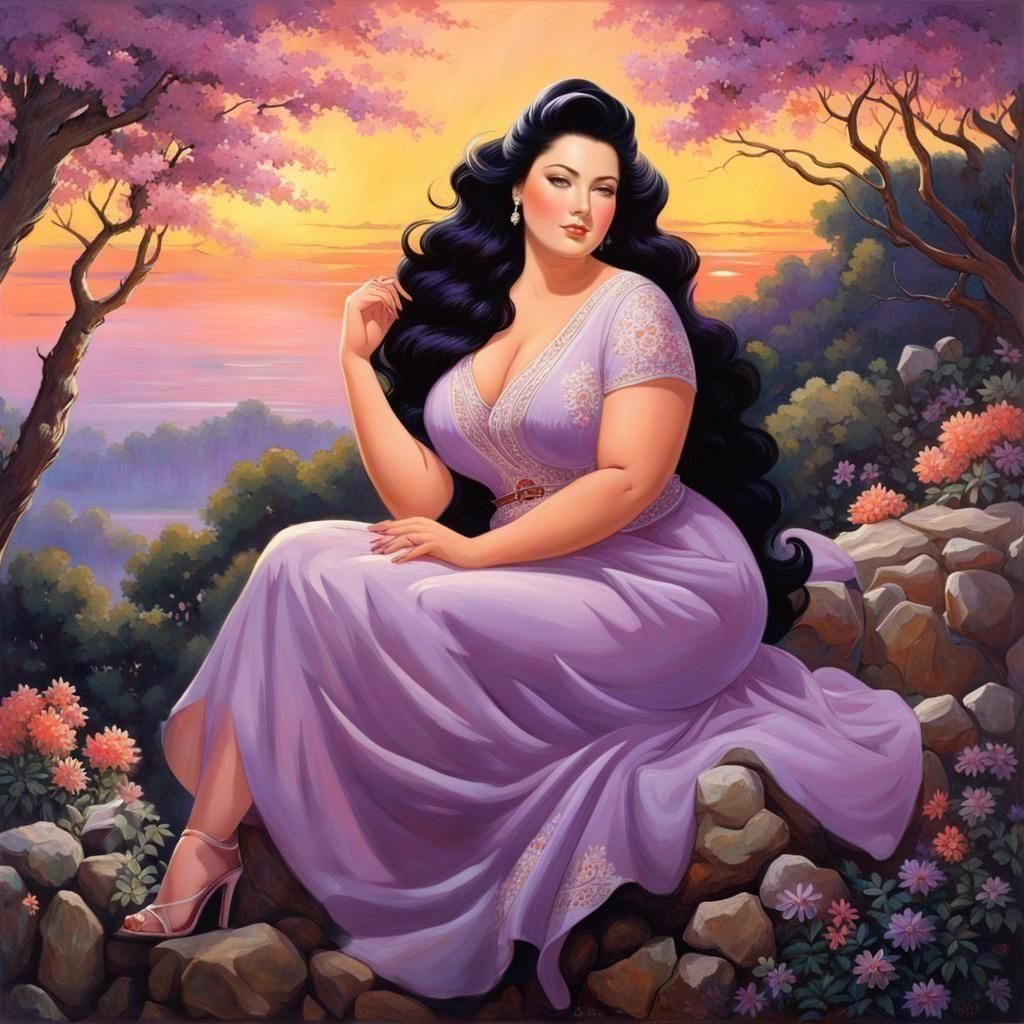 Elegant Plus-Size Woman in Retro Outdoor Painting