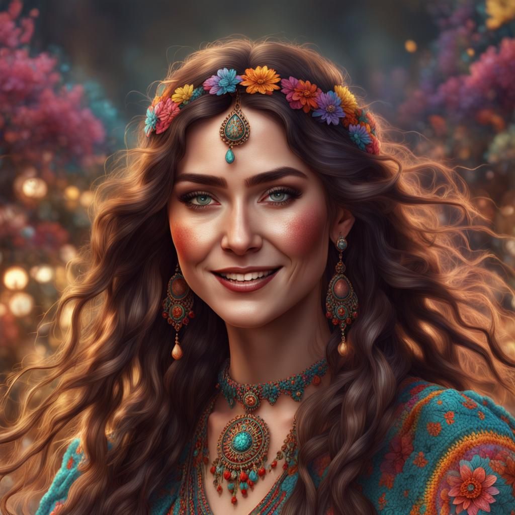 Happy Hippie Woman in Colorful Crochet Dress