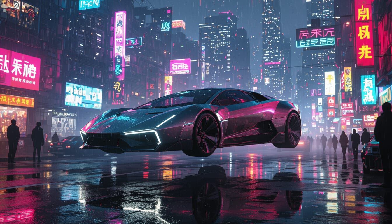 Cyberpunk Car Hovering Over Neon Cityscape