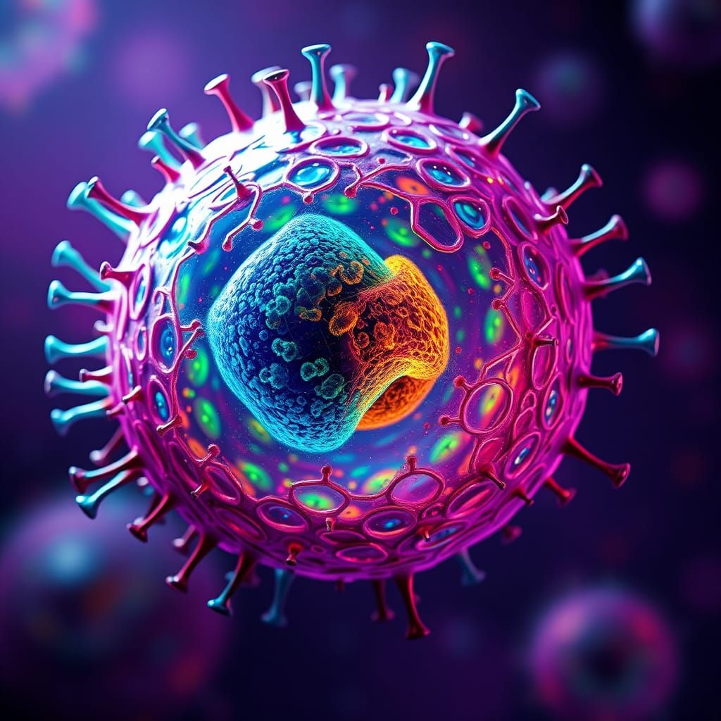 Hyperrealistic Cancer Cell Portrait in Electric Blues and Pu...