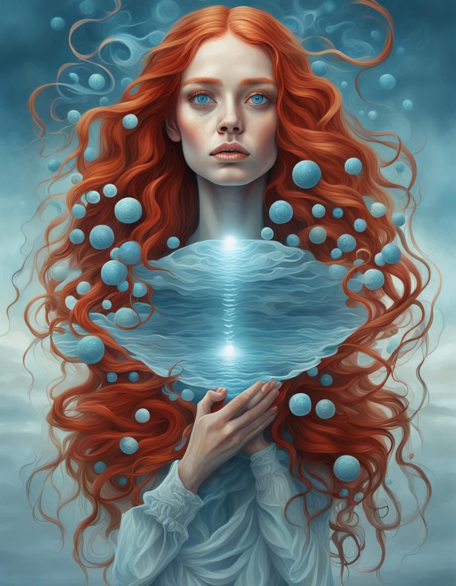 Surreal Woman with Red Hair in Hyperrealistic Style