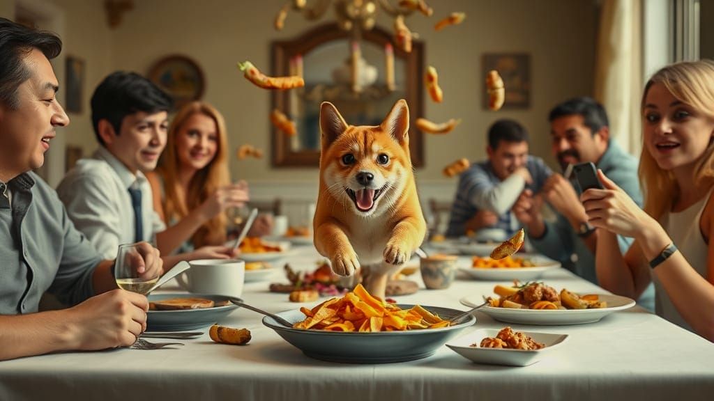 Photorealistic Dinner Chaos: Dog, Cat, and Flying Food