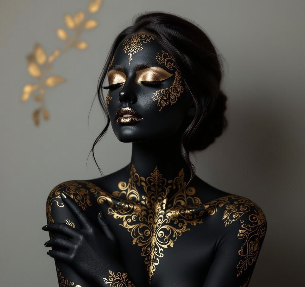 Elegant Woman in Black and Gold Paint