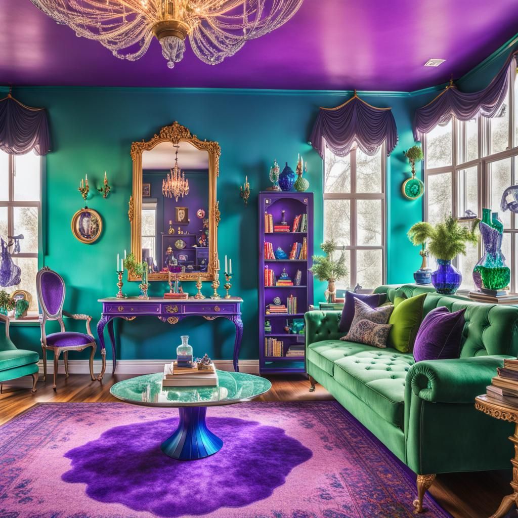 Eccentric whimsical living room with purple walls with cobalt blue accents& whimsical windows with Emerald green curtain...