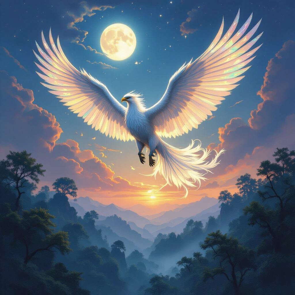 Griffin Soaring Through Twilight Sky in Airbrush Style