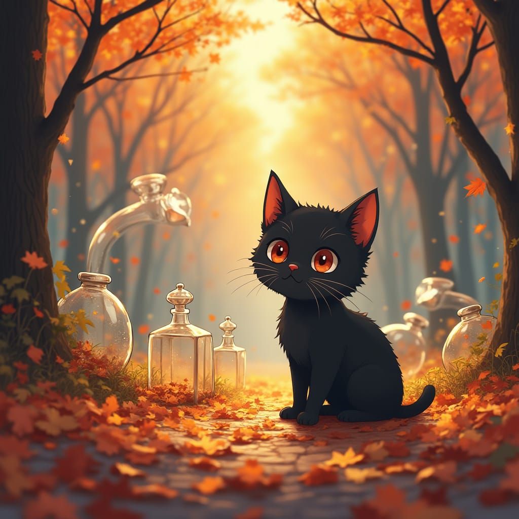 Cute Black Cat in Glass Autumn World, Manga Style