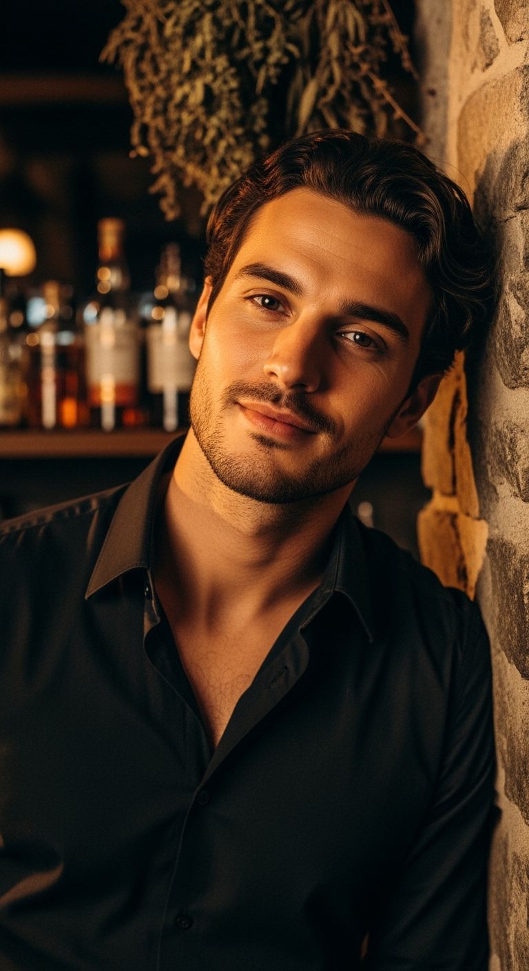 Man Leaning Against Stone Wall in Warm Light
