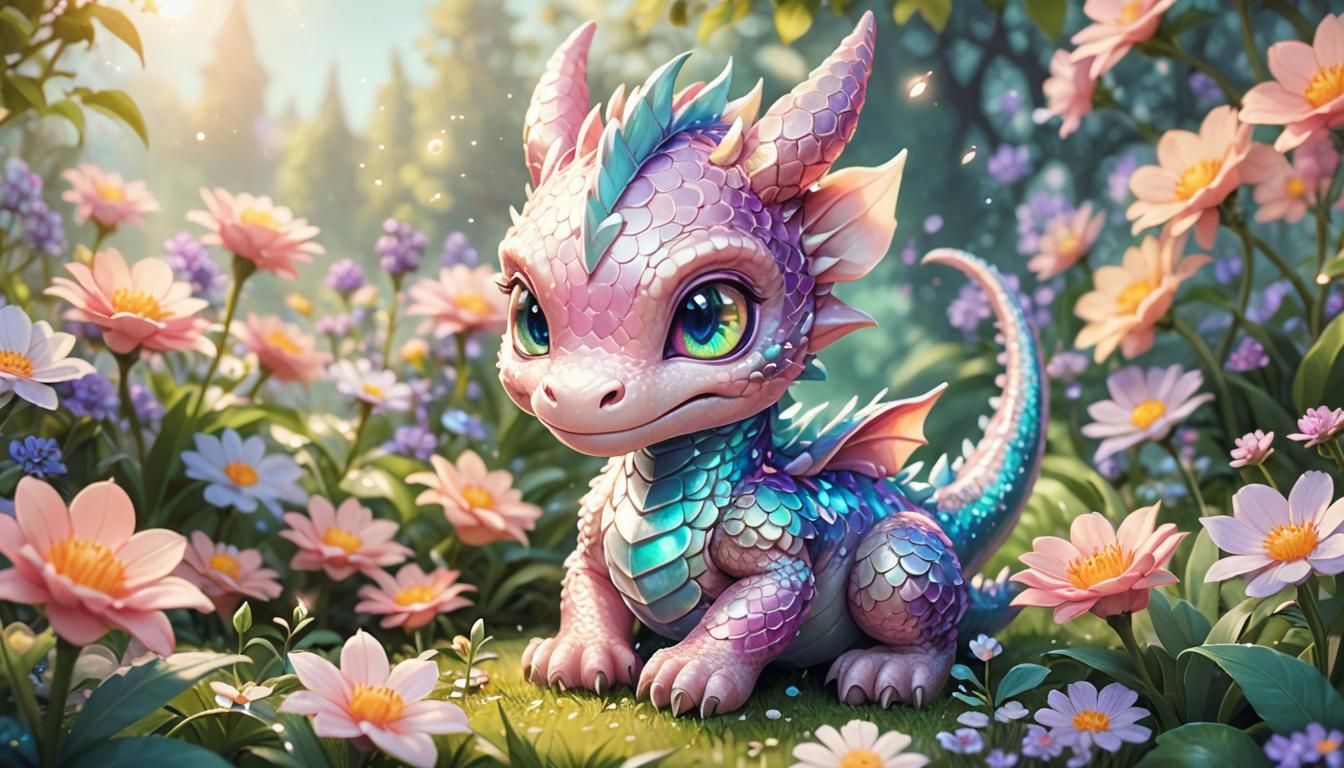 Kawaii Chibi Dragon with Sparkling Eyes in Flower Garden