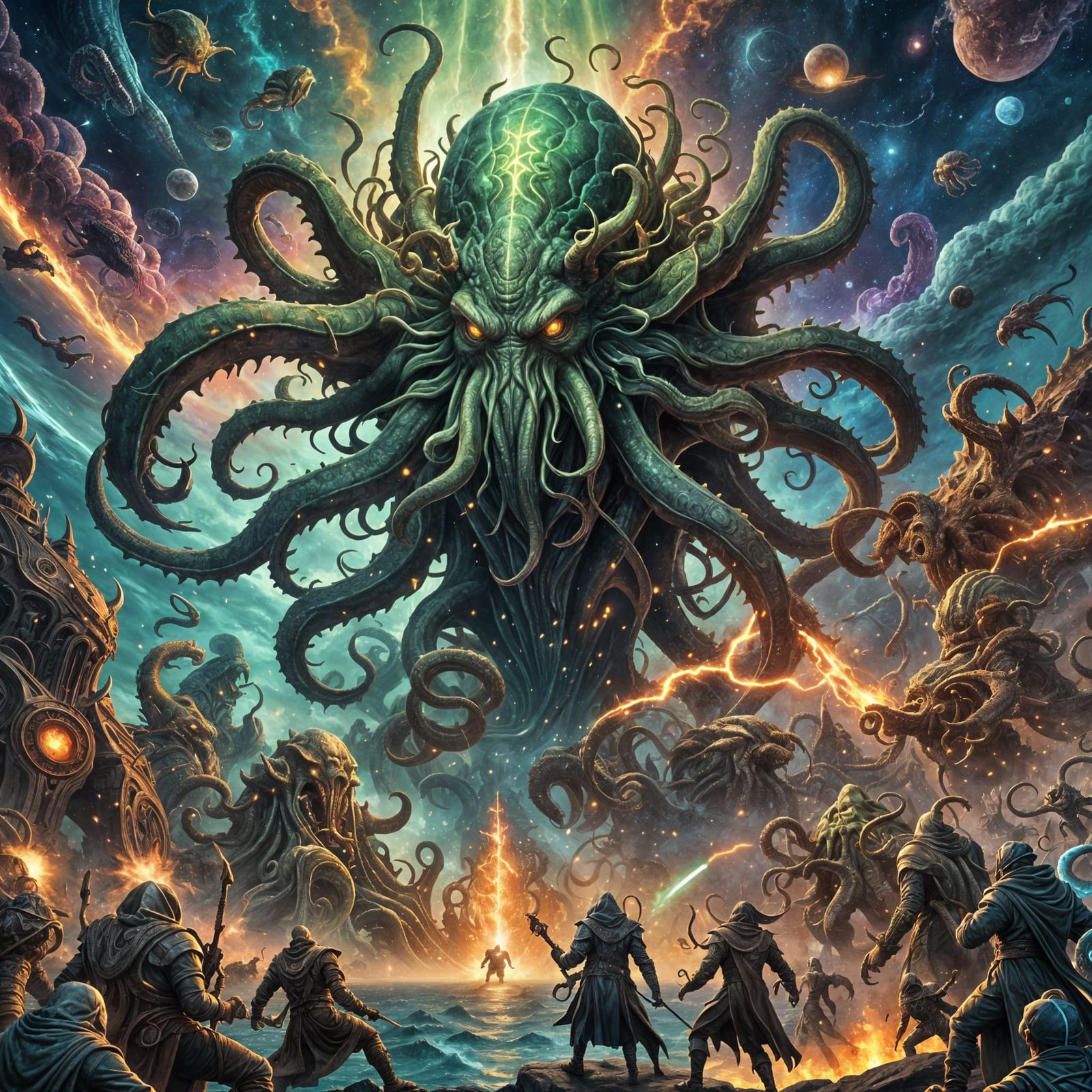 Epic Cthulhu Battle: Holographic Astral Illustration