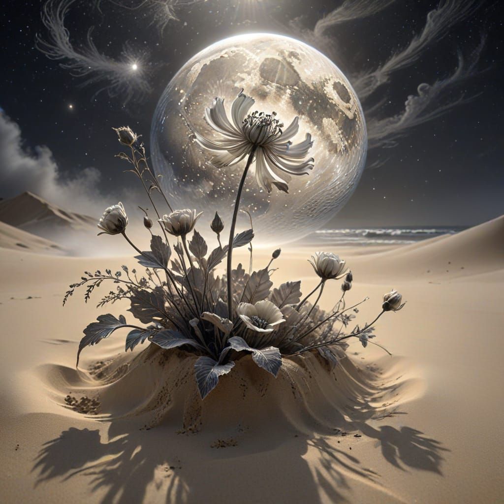 Charcoal Drawing of Flower in Desert Moonlight