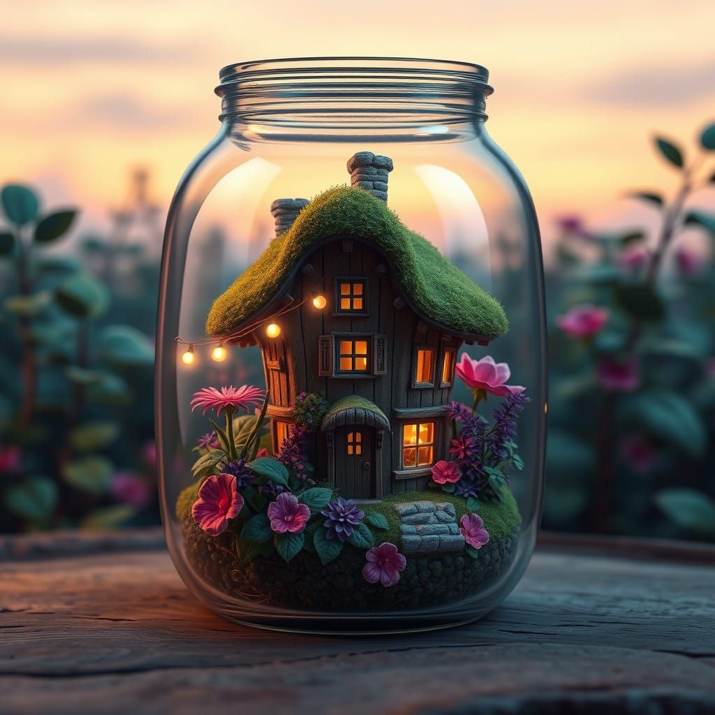 Enchanted Glass Jar Home with Whimsical Plants and String Li...