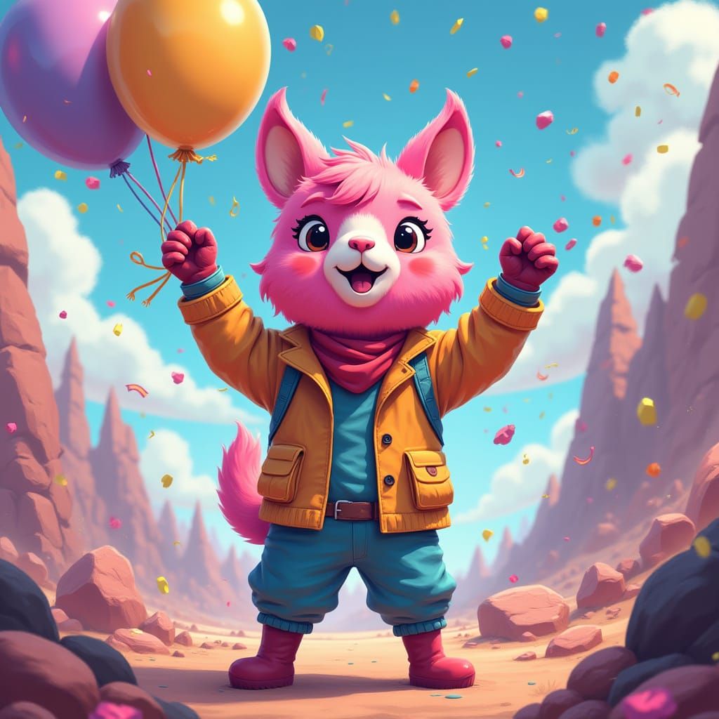 Meowscles Celebrates Victory in Stylized Landscape