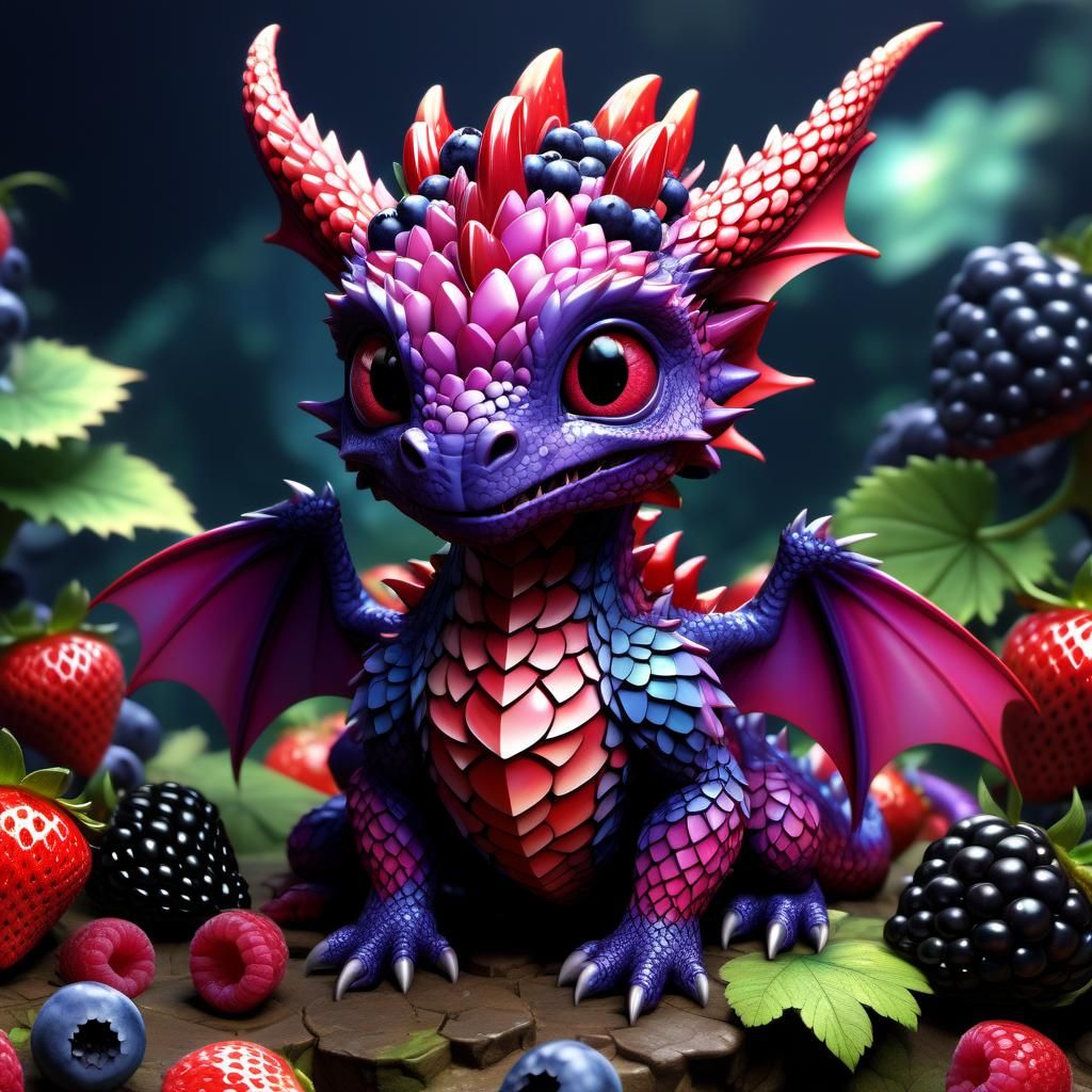 Chibi baby dragon, made out of berries, texture play style