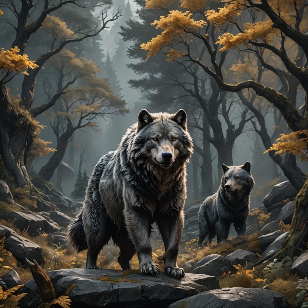 Fantastical Grey Wolf-Bear Hybrid in Detailed Matte Painting
