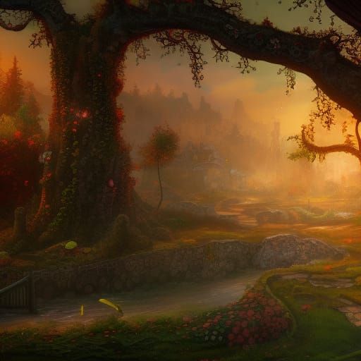 Fantastical Fairy Town Landscape in Matte Painting Style