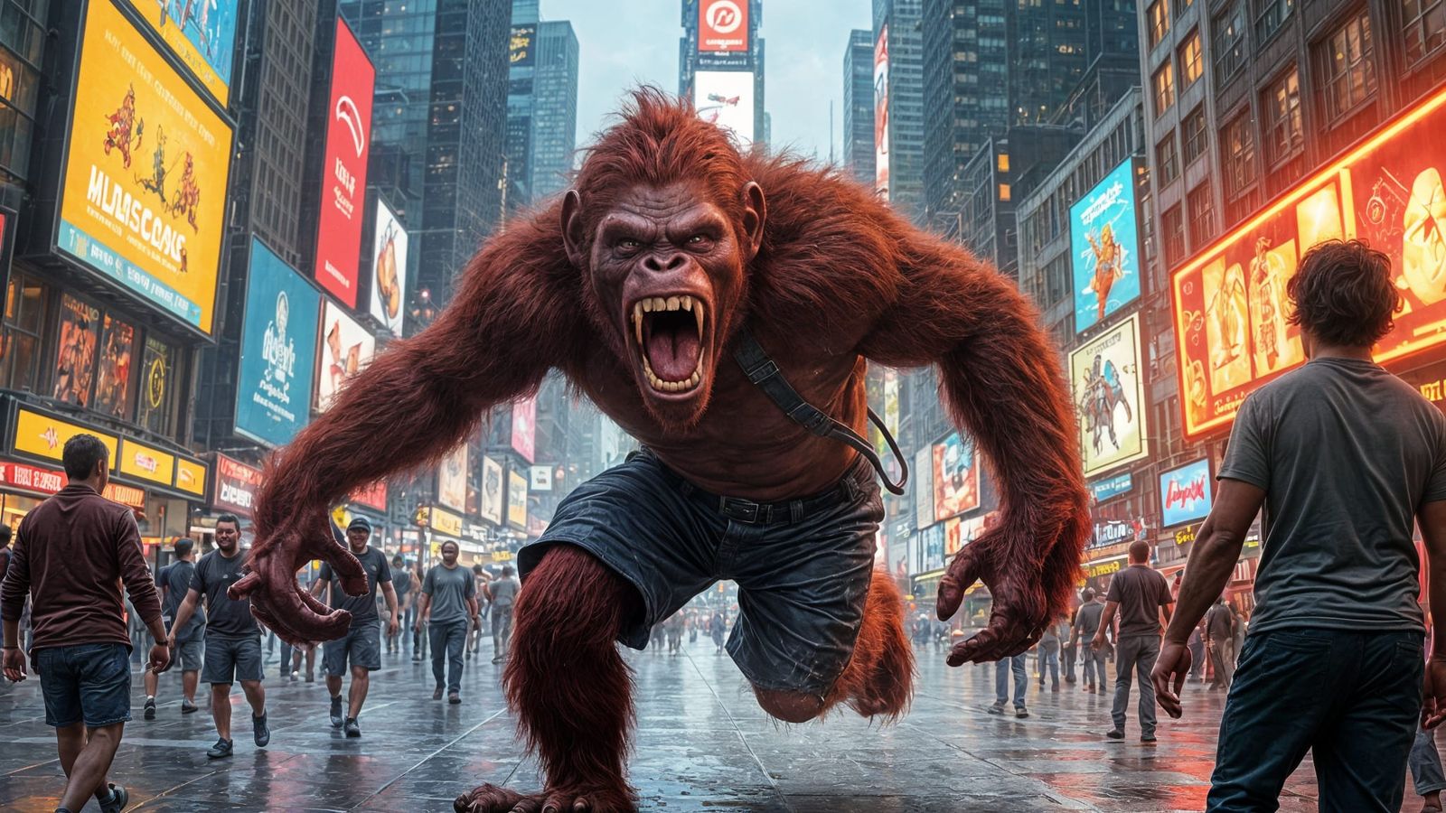 Bonobos in Dark Red Oil Painting Attacking NYC Tourists