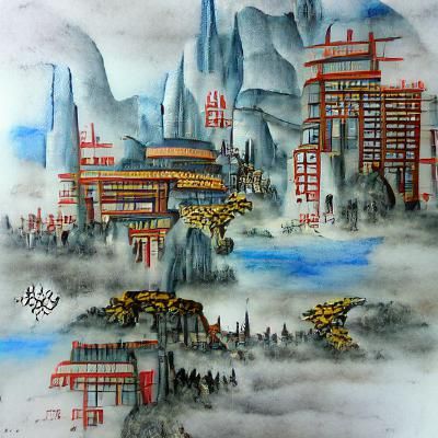 Cyberpunk Cityscape in Traditional Chinese Style