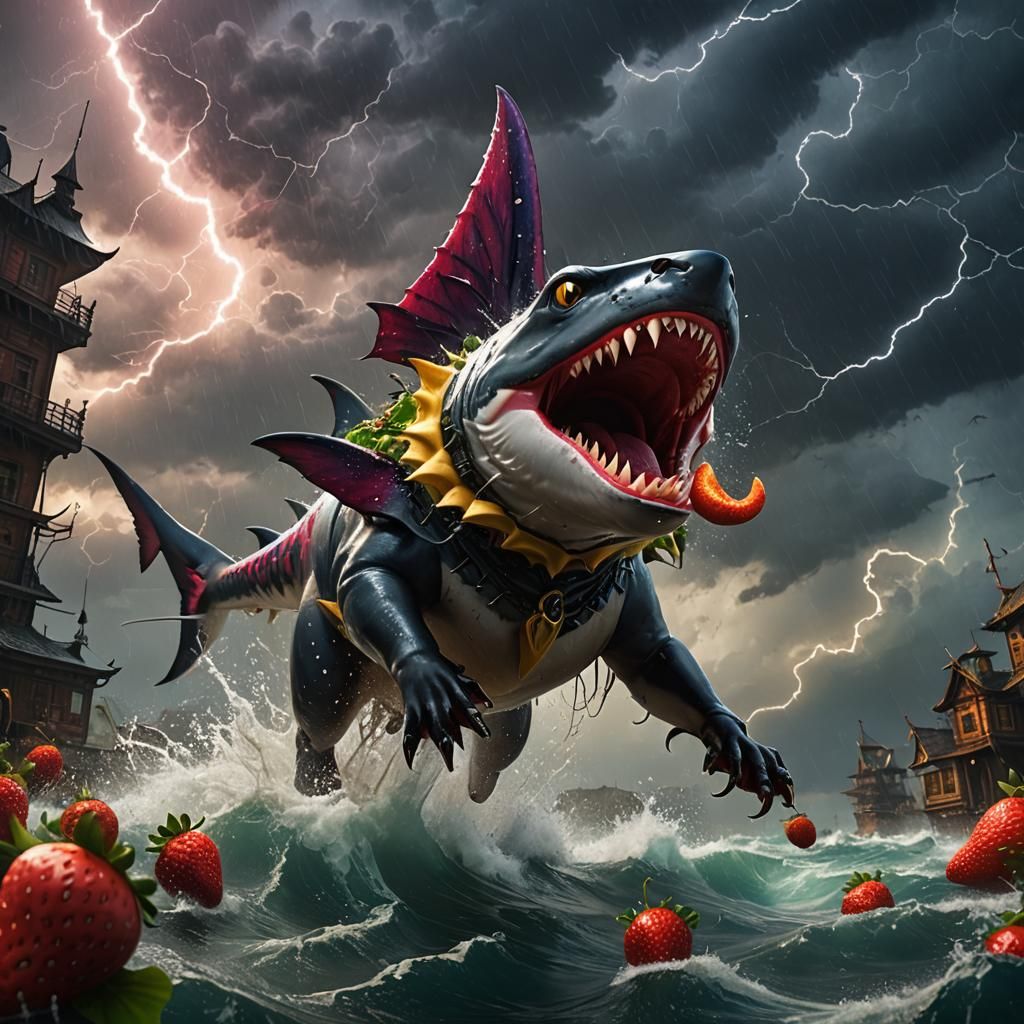 Strawberry Banana Shark Cat in a Storm