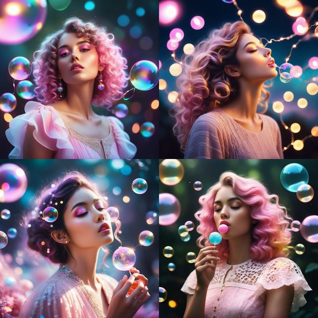 Whimsical Woman in a Dreamy, Rainbow Bubble Scene