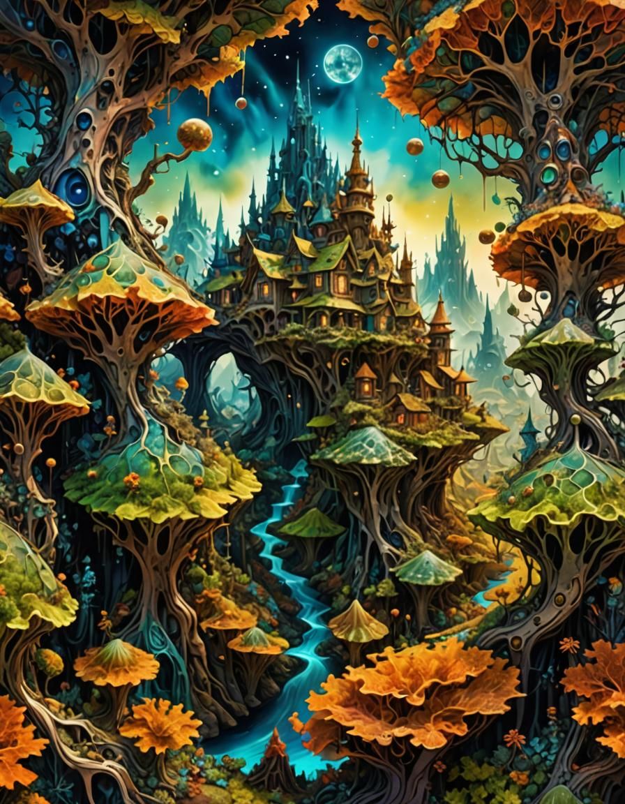 Surreal Alcohol Ink Fractal Village Landscape