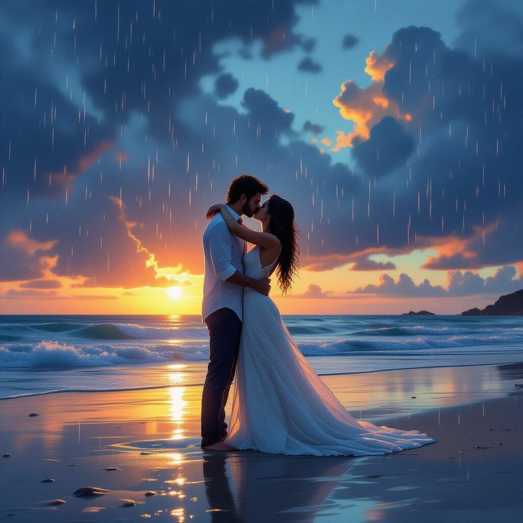 Lovers Kissing on Beach in Rain Matte Painting