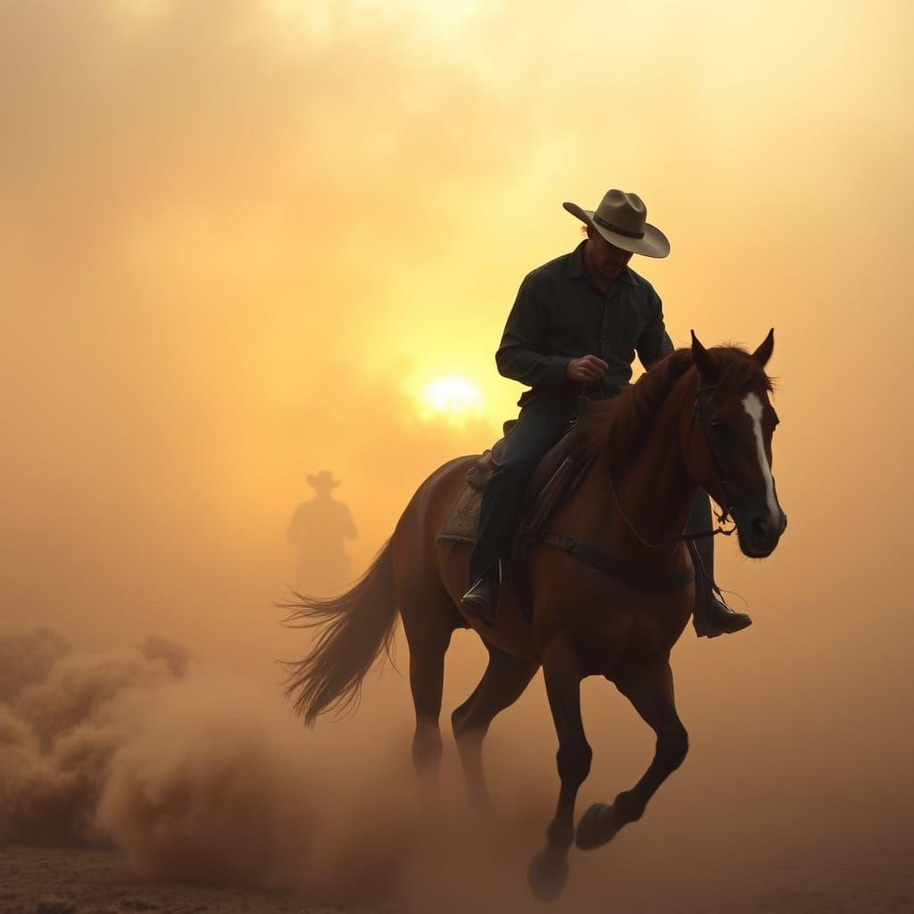 Cowboy Endures Dust Storm on Horseback