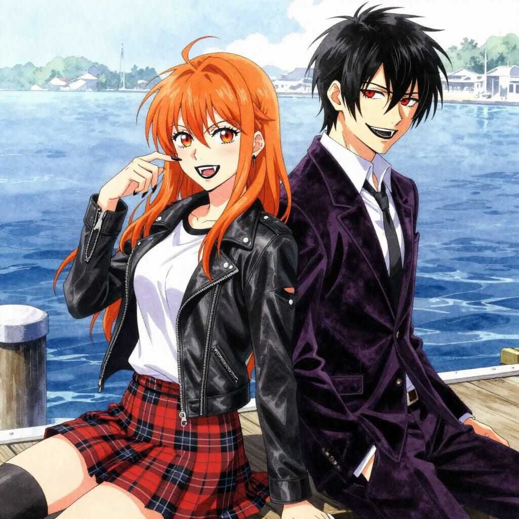 Demonic Duo Poses on Dock in Watercolor Anime Style