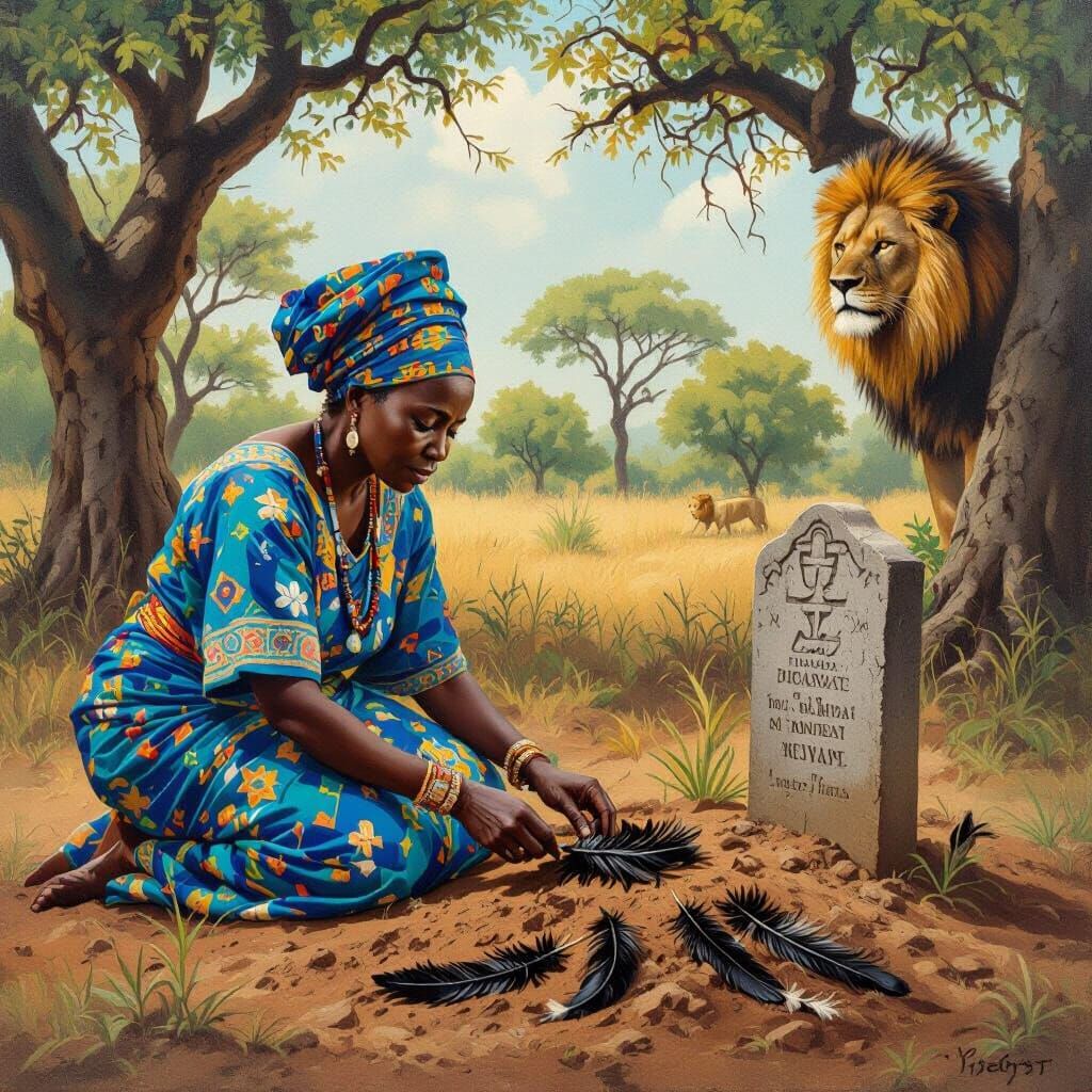 African Woman at Queen's Grave in Vibrant, Symbolic Style